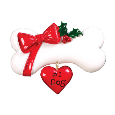 Christmas dog bone ornament with red bow and heart tag.