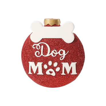 Red glittery dog mom ornament with a white bone and paw print design.