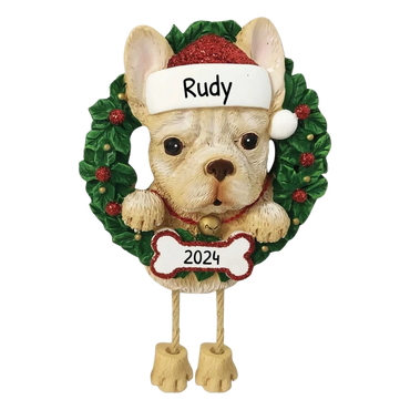 Christmas dog ornament with wreath, named Rudy, dated 2024.