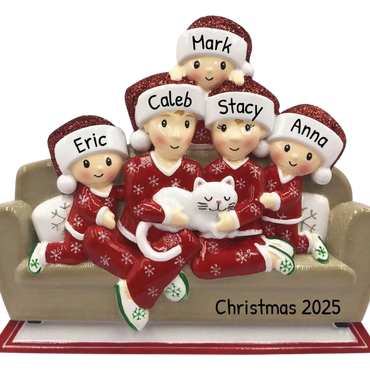 Christmas figurines of a family in matching pajamas with names and year 2025.