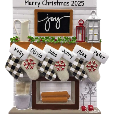 Christmas stockings with names hung on a decorated mantel, Merry Christmas 2025.