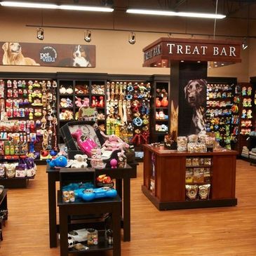 A colorful pet store section with toys and treats for dogs.