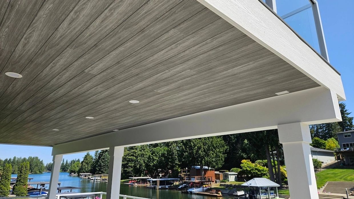 Wood Grain PVC Soffit installed on patio porch ceiling