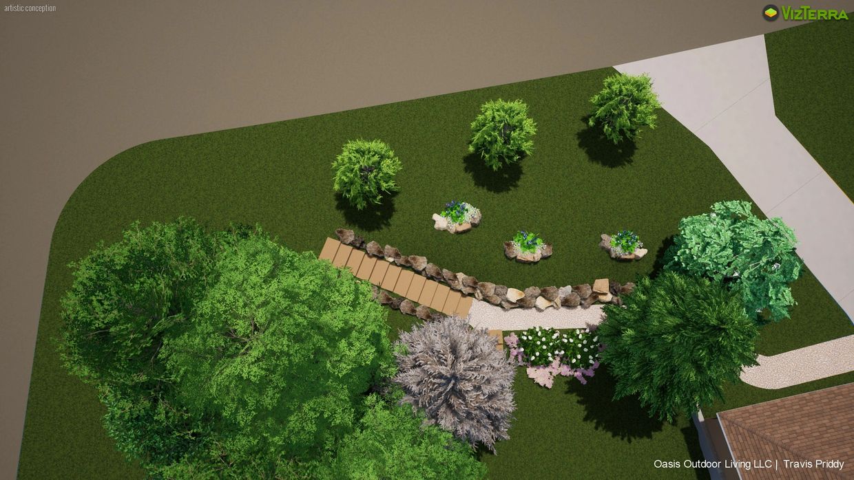 Aerial view of woodland garden landscape design on Vizterra software.