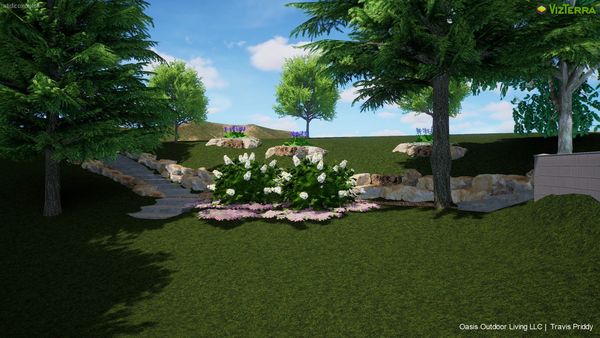 Front elevation of woodland garden landscape design in Vizterra software.
