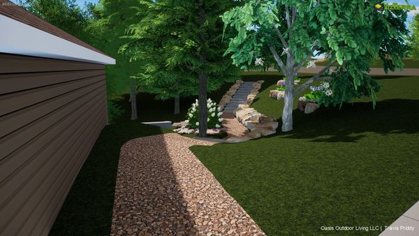 View from garage of woodland garden pathway using Vizterra landscape design software.