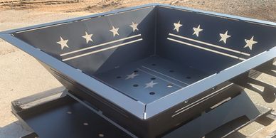 36" Square, hand made from 3/16” thick steel wood burning fire pit. Custom designs available.