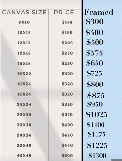 Canvas sizes and prices with framed price list.