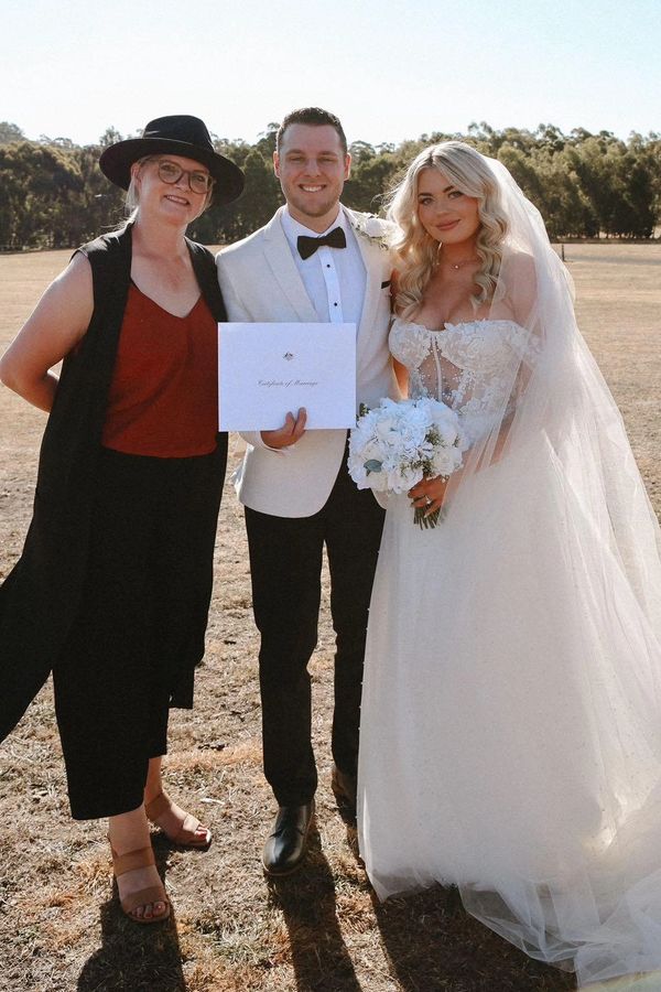 Heidi Kay Celebrant with bride and groom at simple wedding in Woodend Victoria