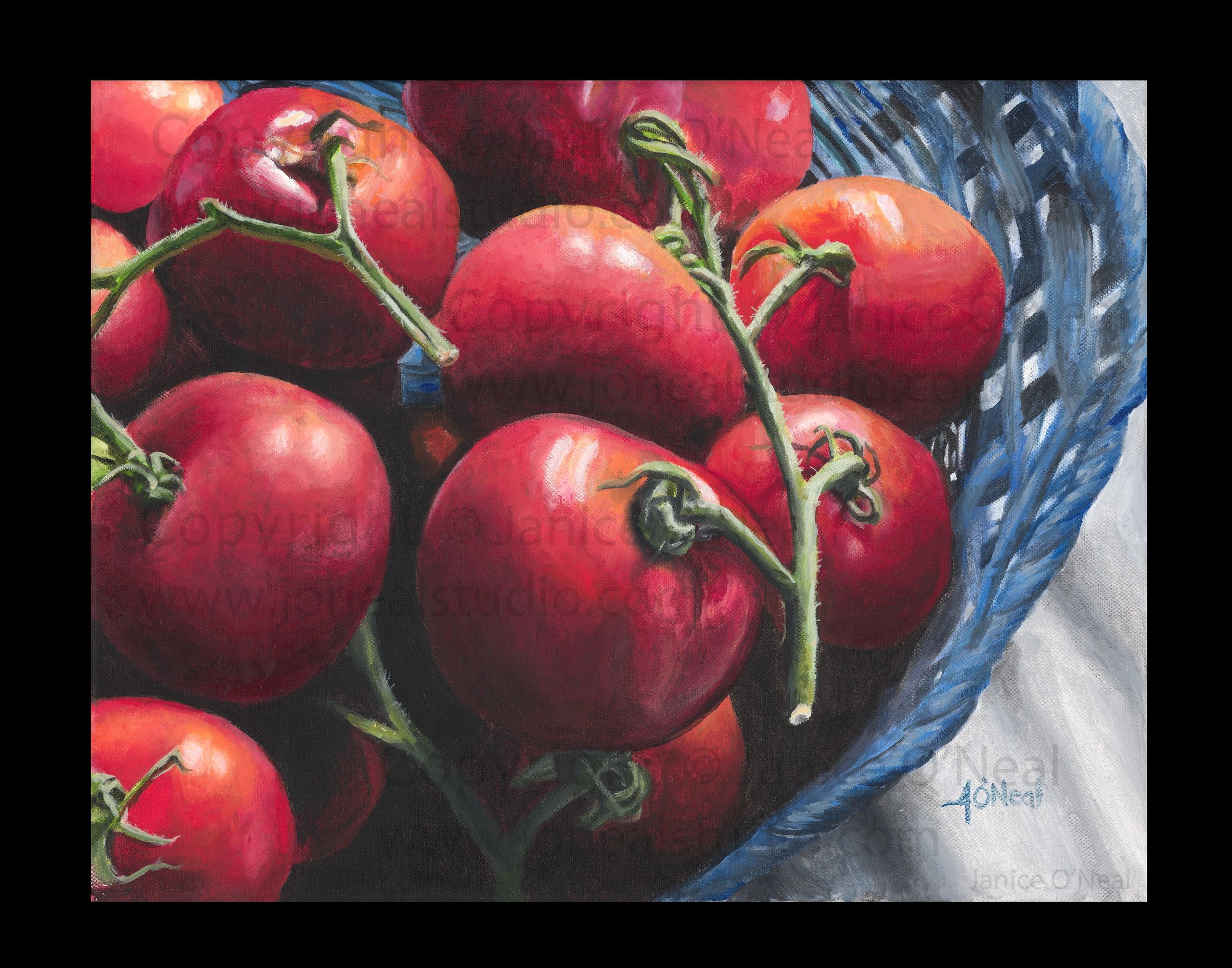 Hot House Tomatoes in Basket, Oil on 18 x 14 inch Stretched Canvas