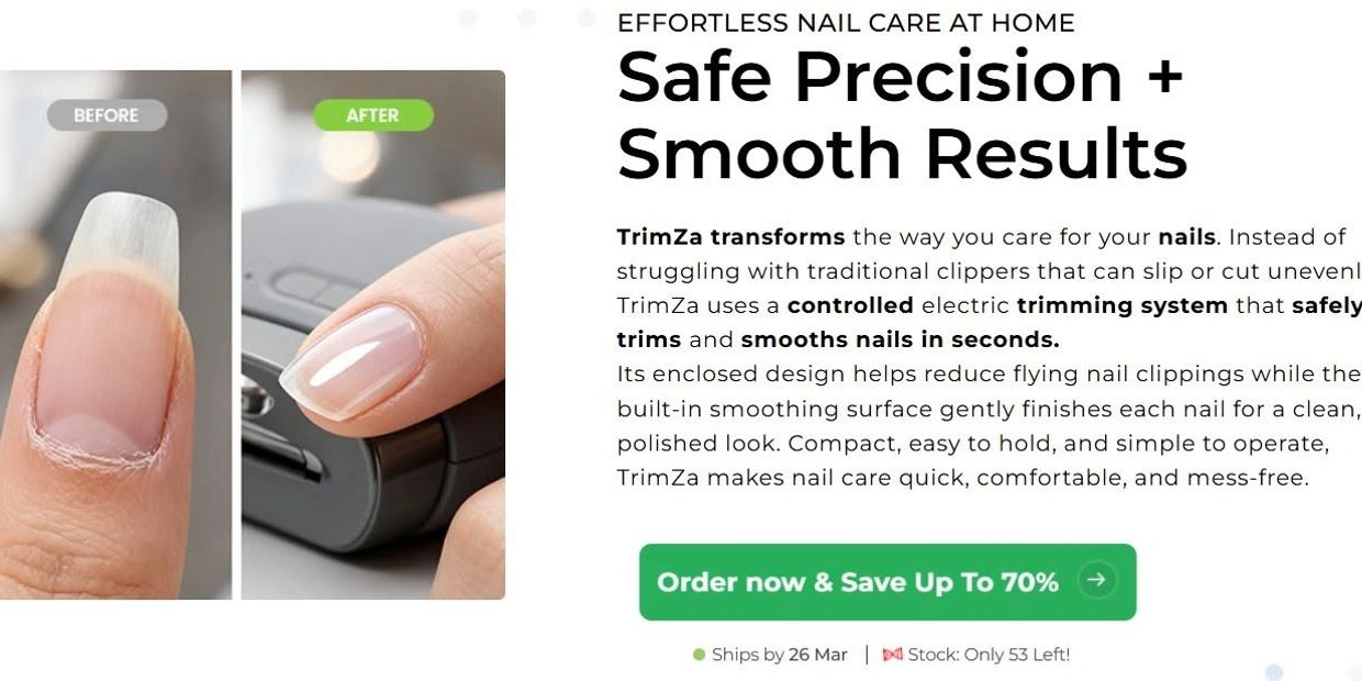 Before and after images showing nail care results with TrimZa device.