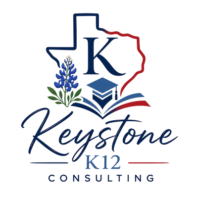 Logo of Keystone K12 Consulting with Texas outline and bluebonnet flower.
