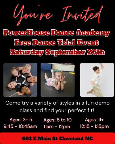 Dance trial event invitation for kids at PowerHouse Dance Academy.