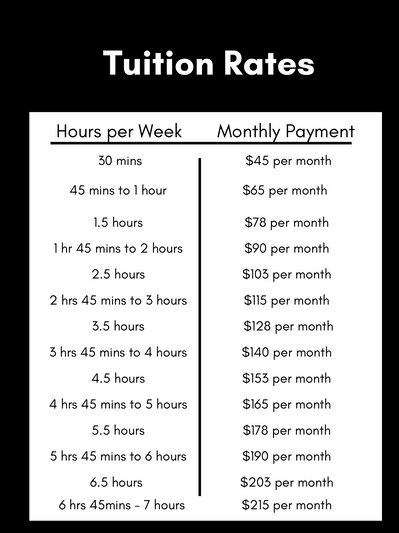 Tuition rates chart showing monthly payments for different weekly hours.