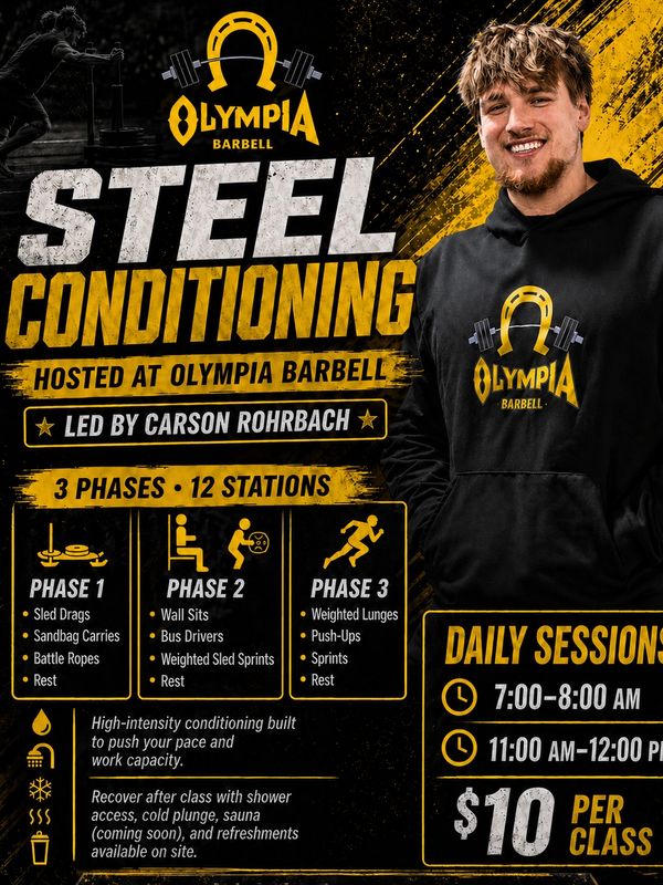 Olympia Barbell Steel Conditioning program led by Carson Rohrbach with 3 phases and daily sessions.