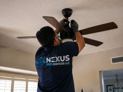 Technician installing a ceiling fan.