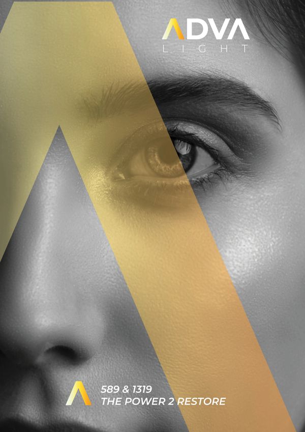 Close-up of a face with golden graphic overlay and ADVA Light branding.