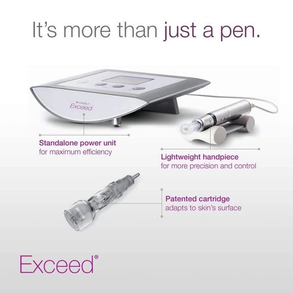 Advanced Exceed device with power unit, handpiece, and patented cartridge for skin treatment.