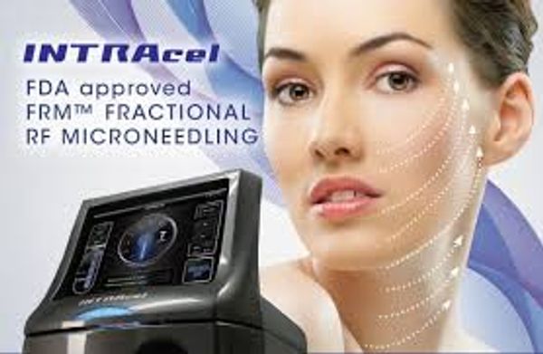 INTRAcel FDA approved fractional RF microneedling device with a woman's face.
