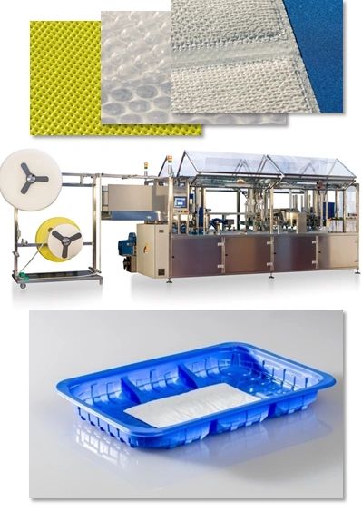 Offline machine to put absorbent pads in meat trays or clamshell for fruit and vegetable