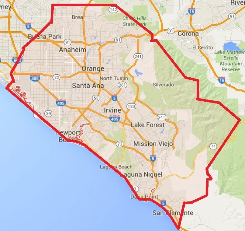 Map highlighting Orange County, California with major cities and highways.