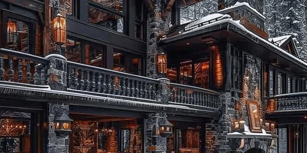 Cozy stone chalet with warm lighting in a snowy mountain setting.