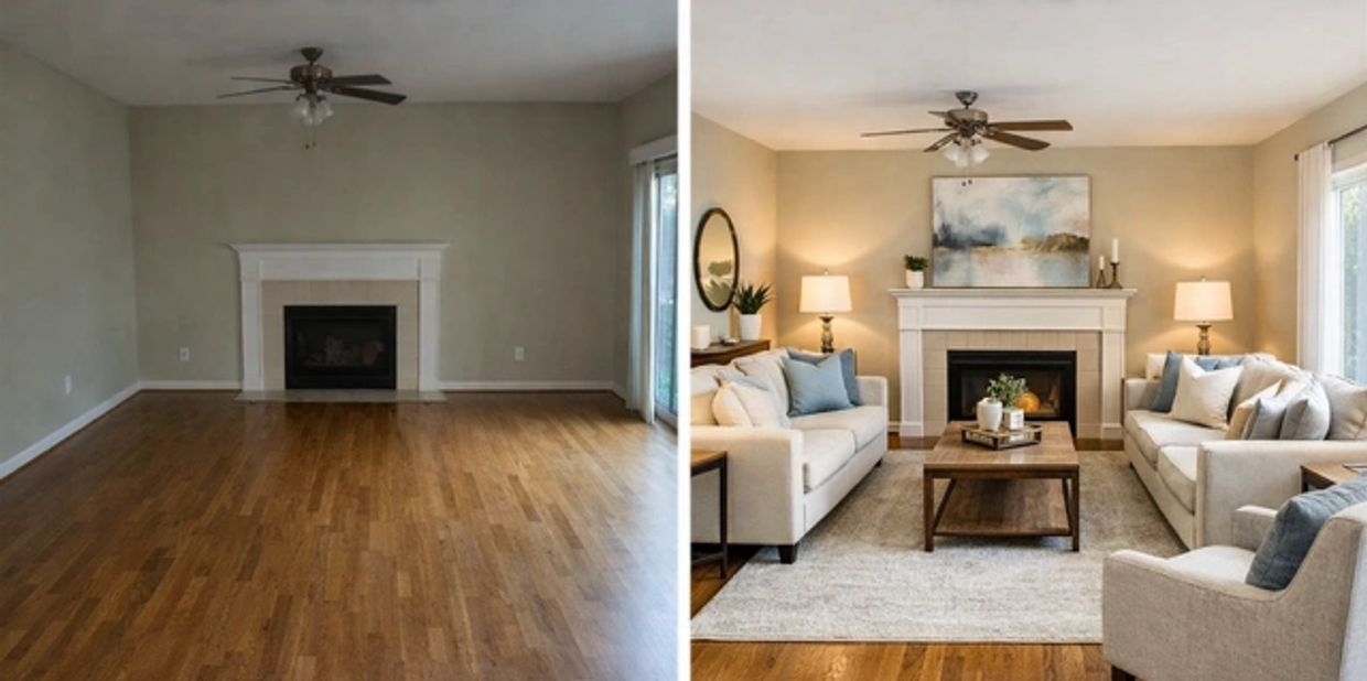 Empty living room with fireplace transforms into a cozy, stylish space with furniture and decor.