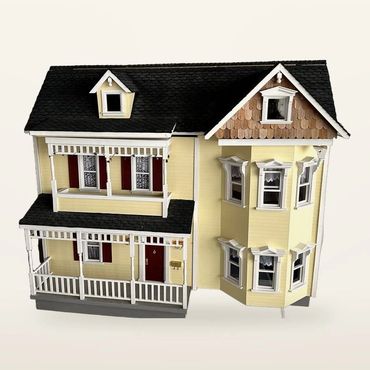 Two-story Victorian-style dollhouse with porch and bay windows, from our current Estate Treasures Au