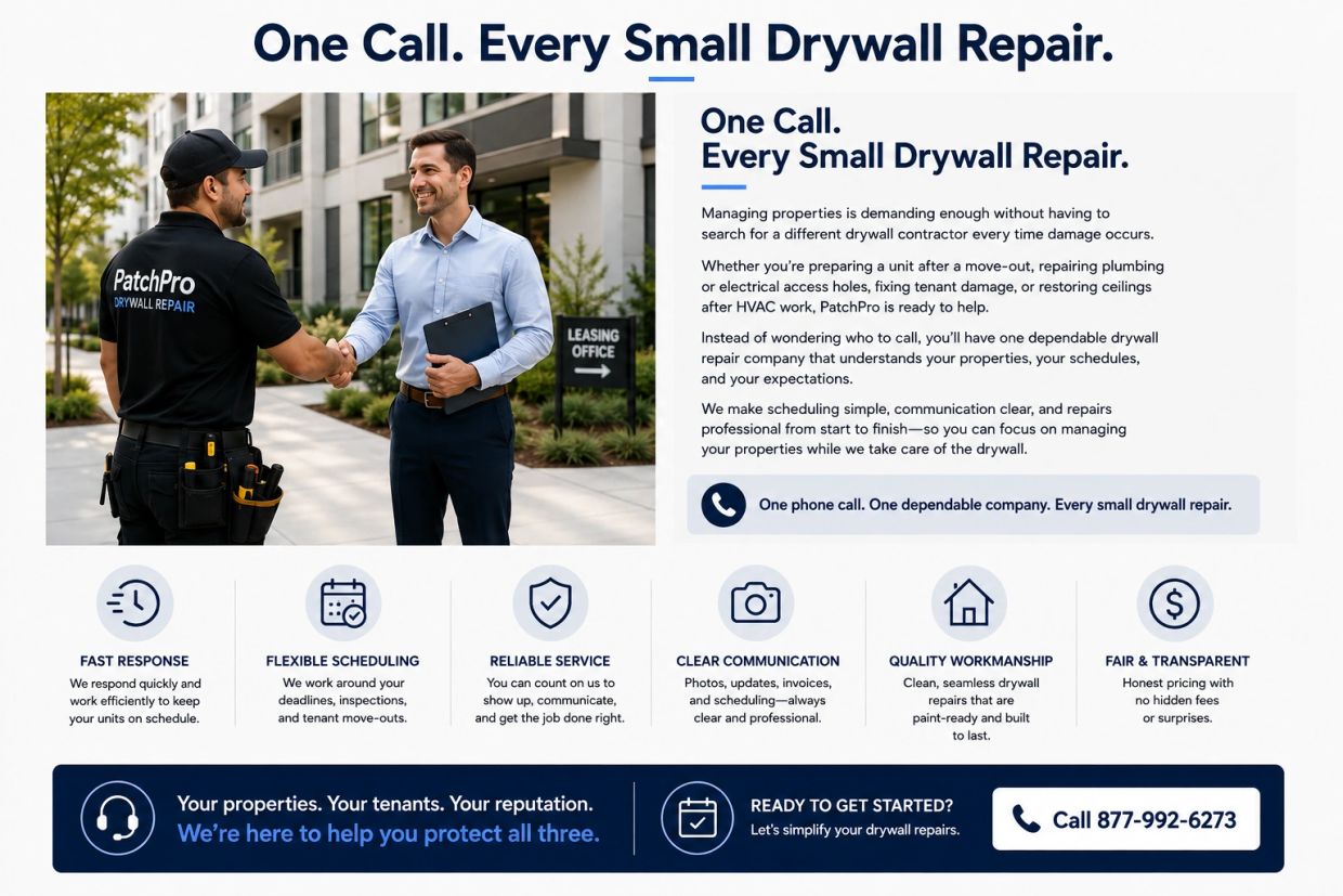 PatchPro provides one-call drywall repair services for apartment communities and rental properties.