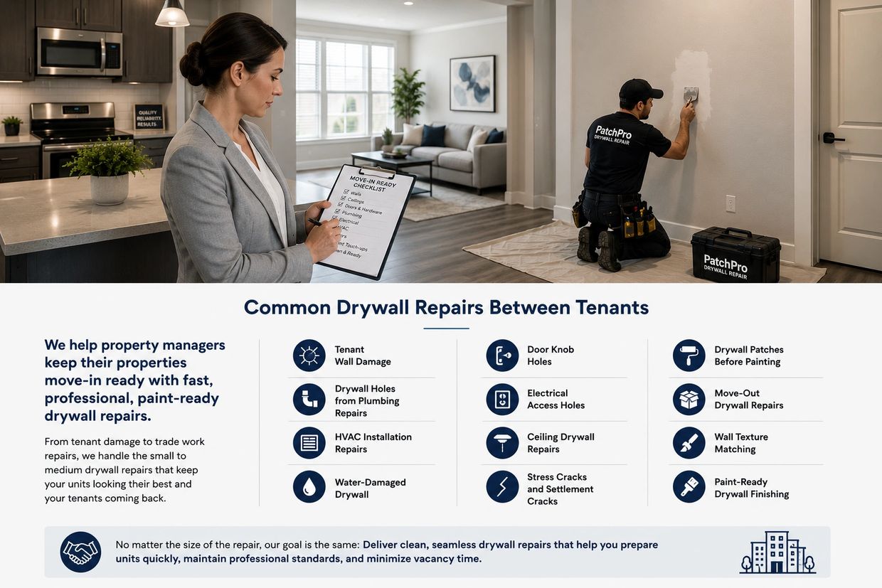 PatchPro technician repairing tenant wall damage in an apartment between move-outs.