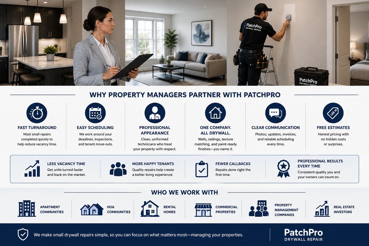 Property managers choose PatchPro for fast, professional drywall repairs and dependable service.