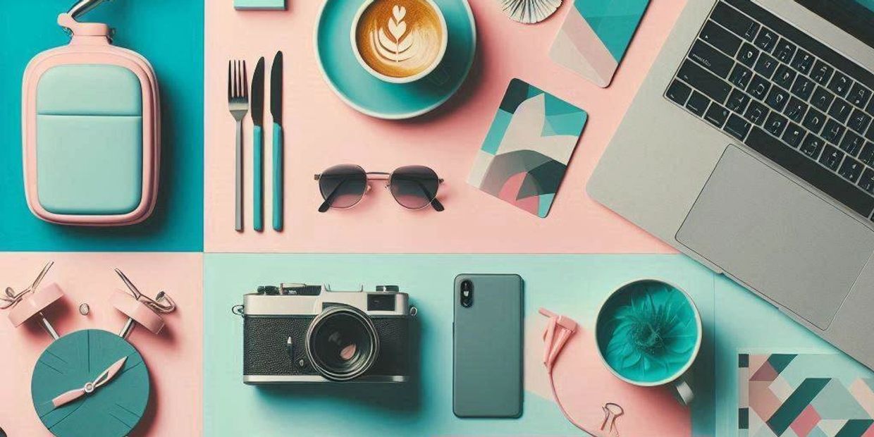 Collage of items including laptop, phone case, bicycle