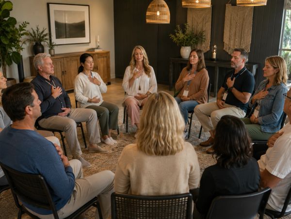 A group meditates in a cozy room, sitting in a circle with hands on their chests.