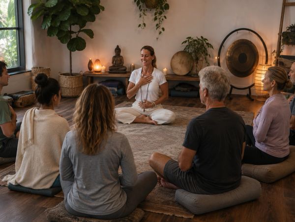A group meditation session with a woman leading and others seated in a cozy room.