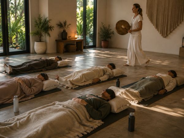 People lying on mats with eye masks during a guided meditation session.