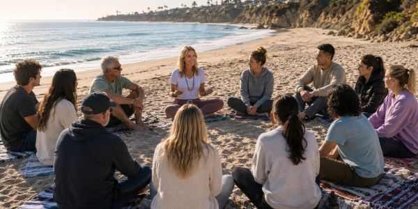 Group meditation session on the beach at sunset.