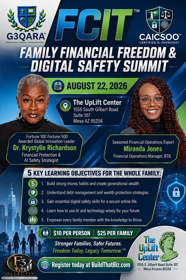 Family Financial Freedom & Digital Safety Summit on August 22, 2026 at The UpLift Center in Mesa, AZ.
