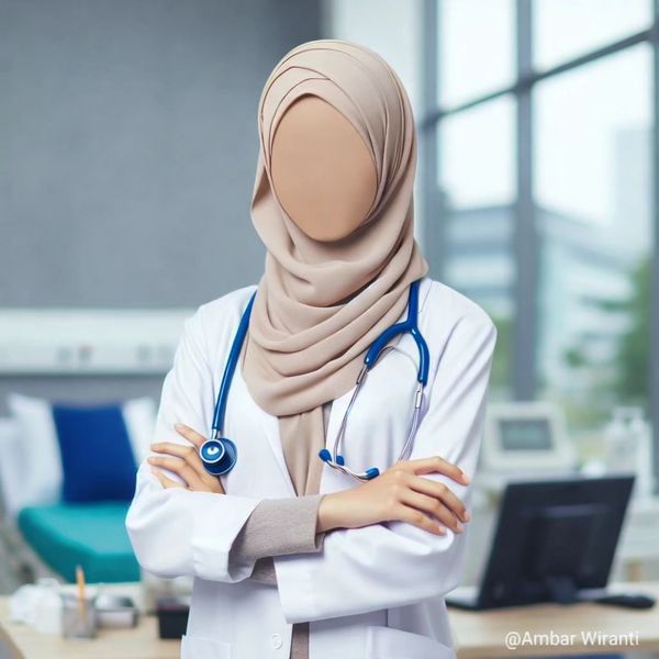 Faceless female doctor in a beige hijab with a stethoscope.