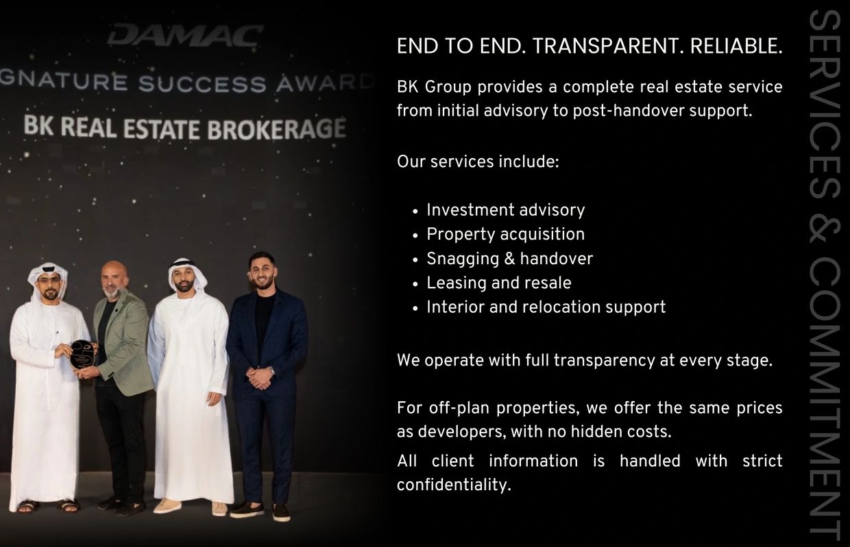 BK Real Estate Brokerage receiving DAMAC Signature Success Award with a service overview.