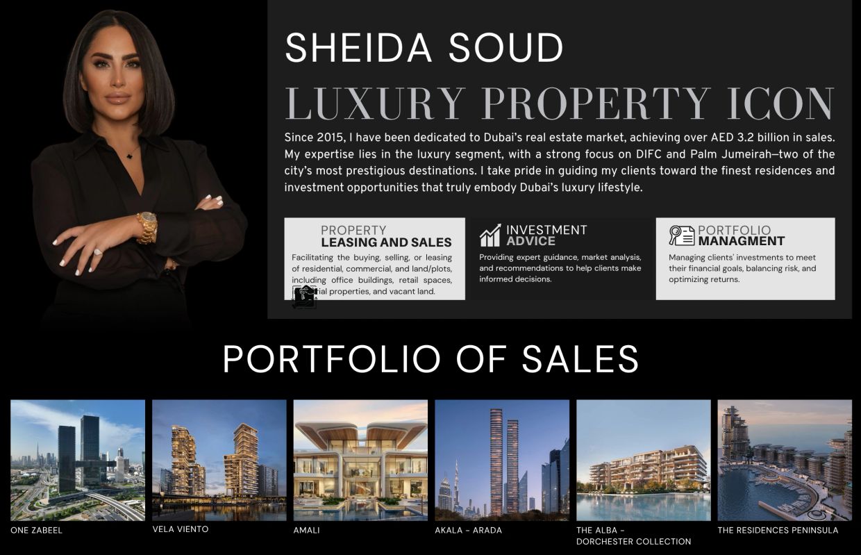 Sheida Soud, a luxury property icon in Dubai's real estate market, showcasing a portfolio of prestigious sales.