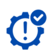 Blue cog with exclamation mark and tick indicating derisk marketing investment