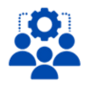 Blue cog linking 3 figures indicating Marketing Leader For Your Team