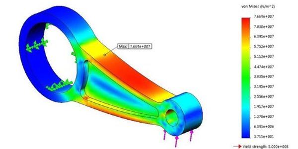 Stress distribution on a mechanical lever arm using von Mises criteria.