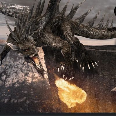 image of a flying dragon breathing fire