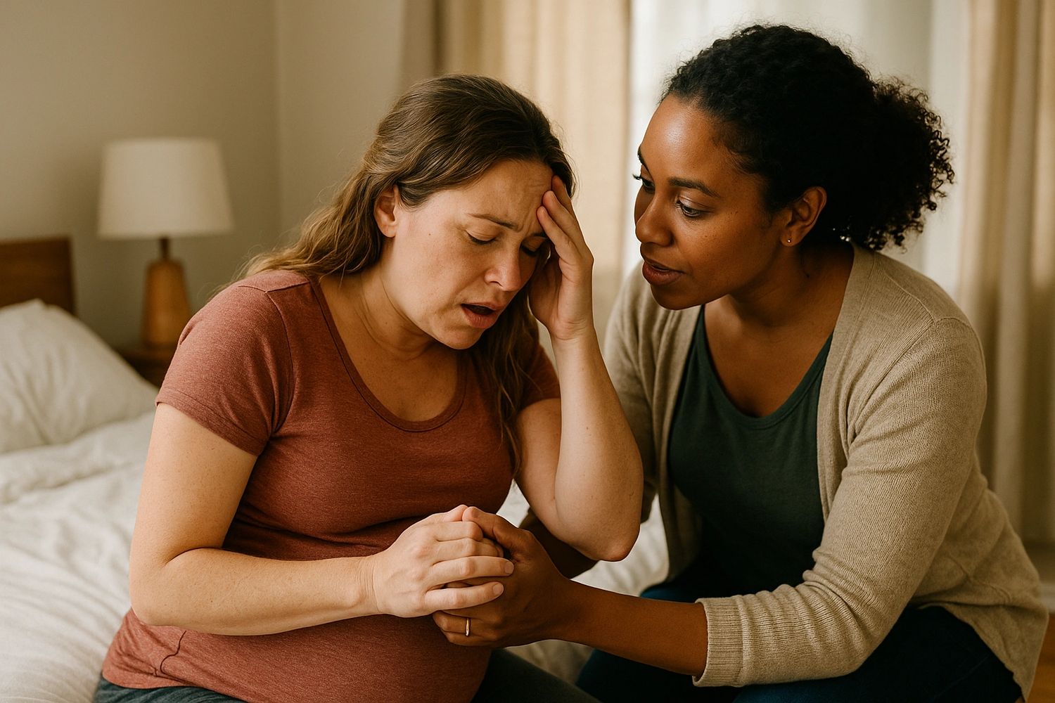 A pregnant woman in pain is comforted by a supportive friend in a bedroom.