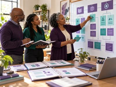 Three professionals planning a project using a flowchart on a whiteboard.