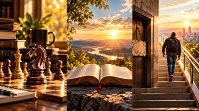 Chess game, open book at sunrise, person walking up stairs at sunset.