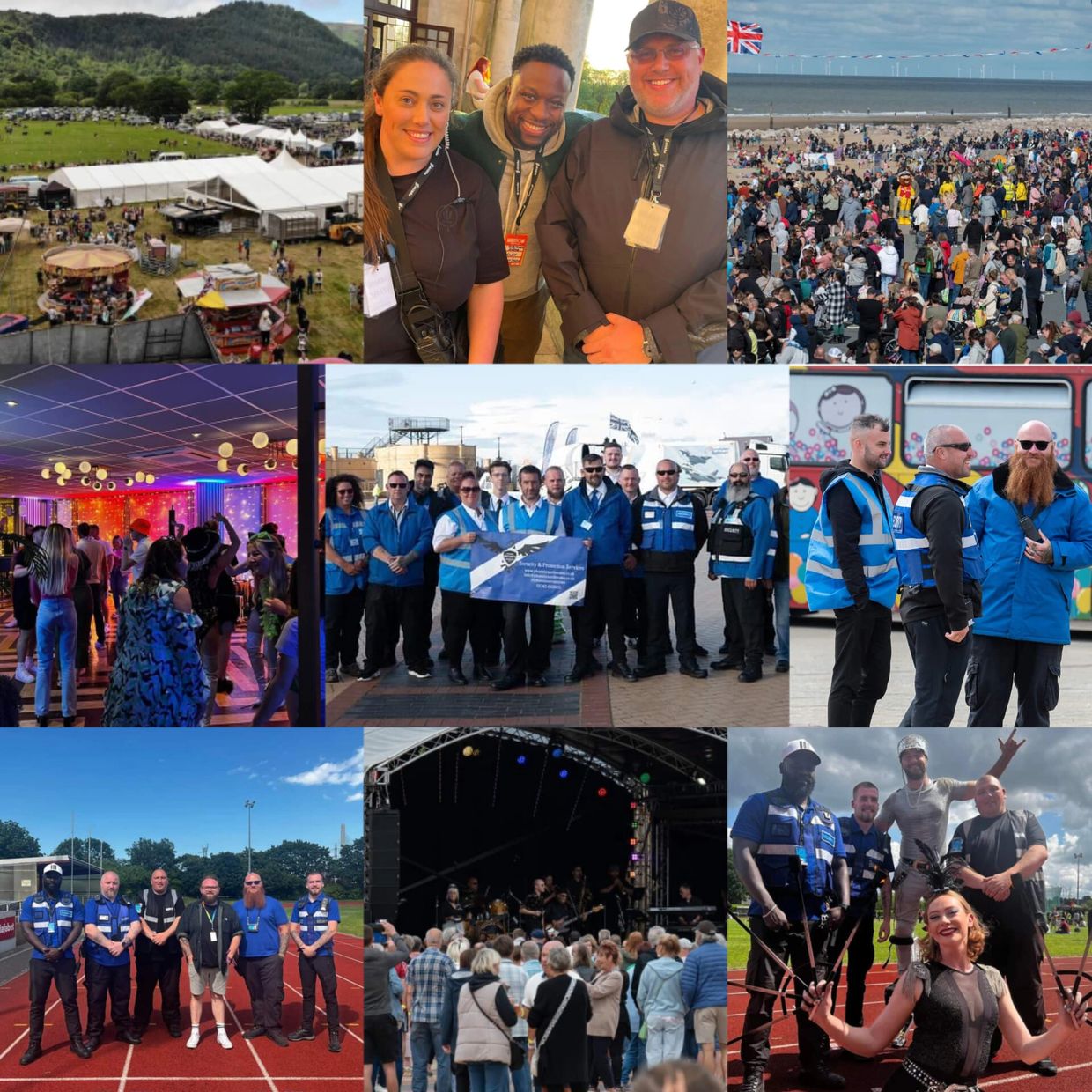 Collage of security teams, event crowds, and performers at various outdoor and indoor events.