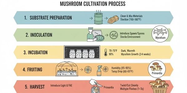 Illustrated steps of mushroom cultivation from substrate preparation to harvest.