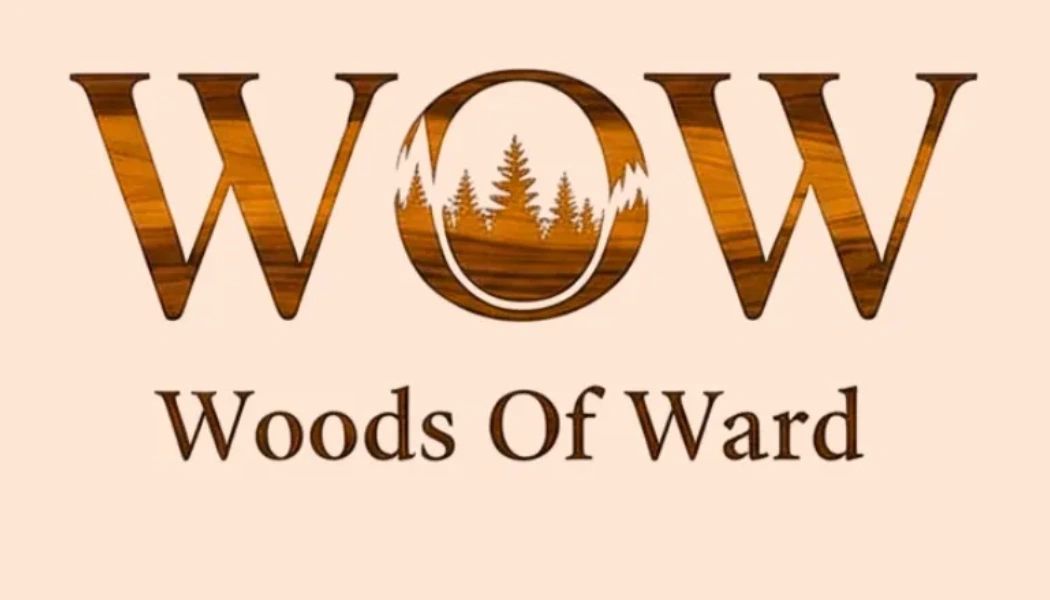 Logo reading 'WOW Woods Of Ward' with wood texture and tree design in the O.